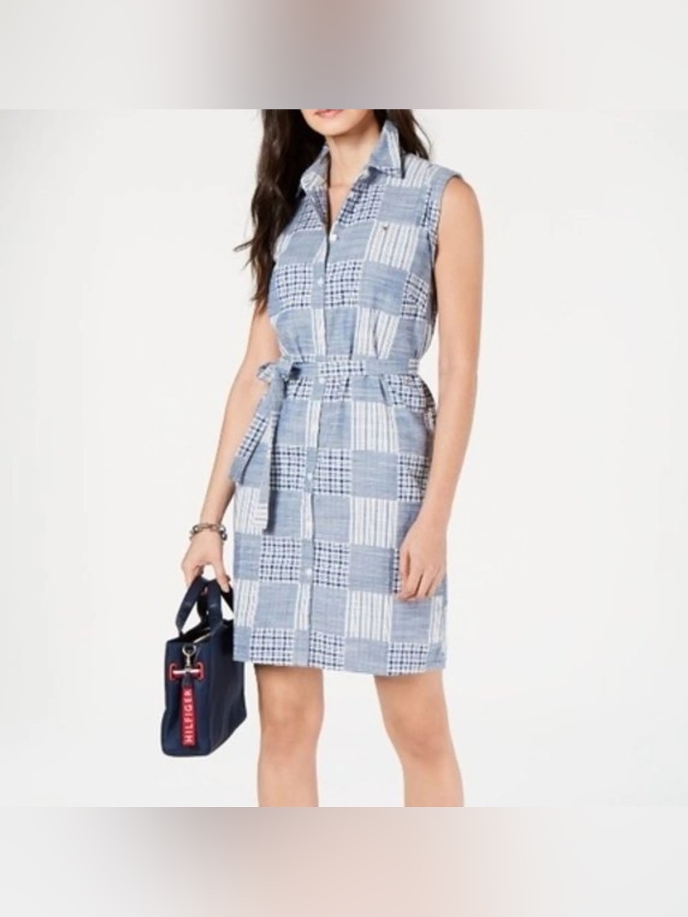 Tommy Hilfiger Navy and White Patchwork Plaid Button-Down dress